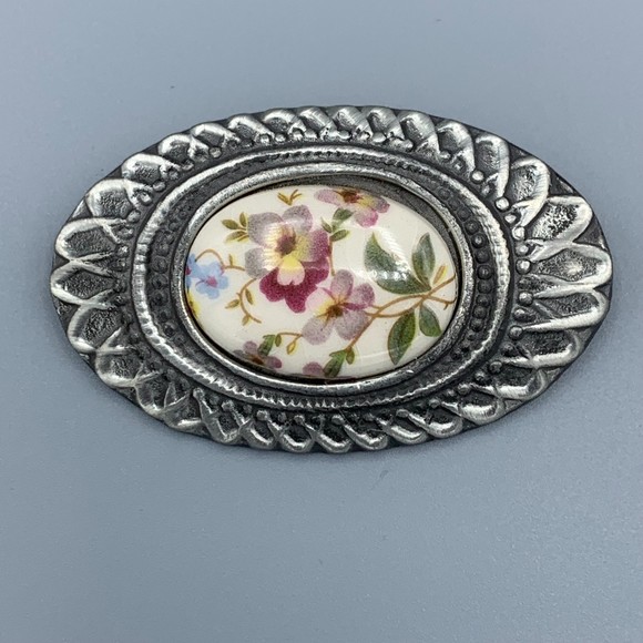 Vtg Etain Zinn Signed Pewter Brooch Pin Porcelain Floral Design 1980s Grannycore - Picture 1 of 6